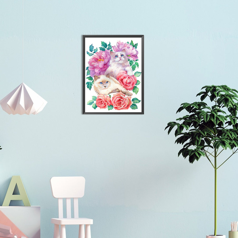 Kitten Surrounded By Flowers - Full Round Drill Diamond Painting 30*40CM