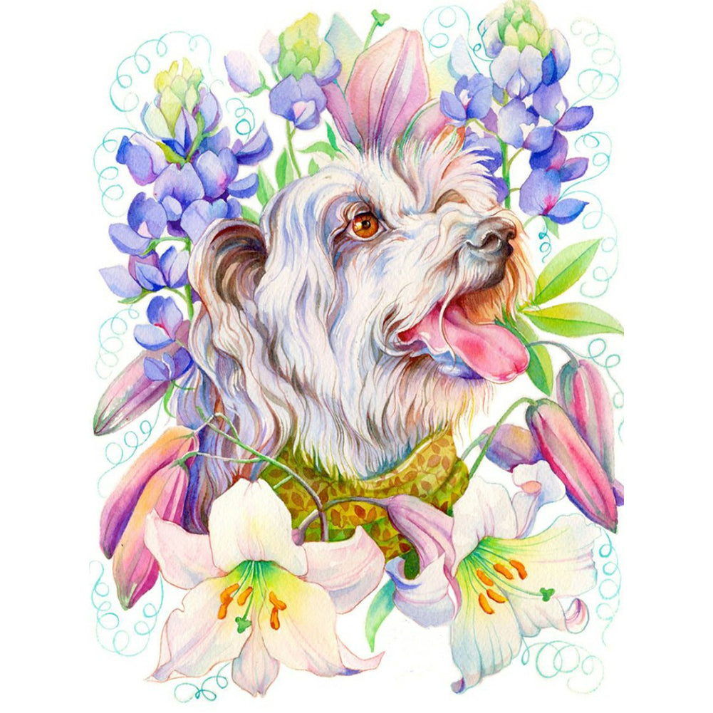 Puppy Surrounded By Flowers - Full Round Drill Diamond Painting 30*40CM