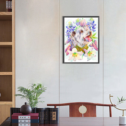 Puppy Surrounded By Flowers - Full Round Drill Diamond Painting 30*40CM