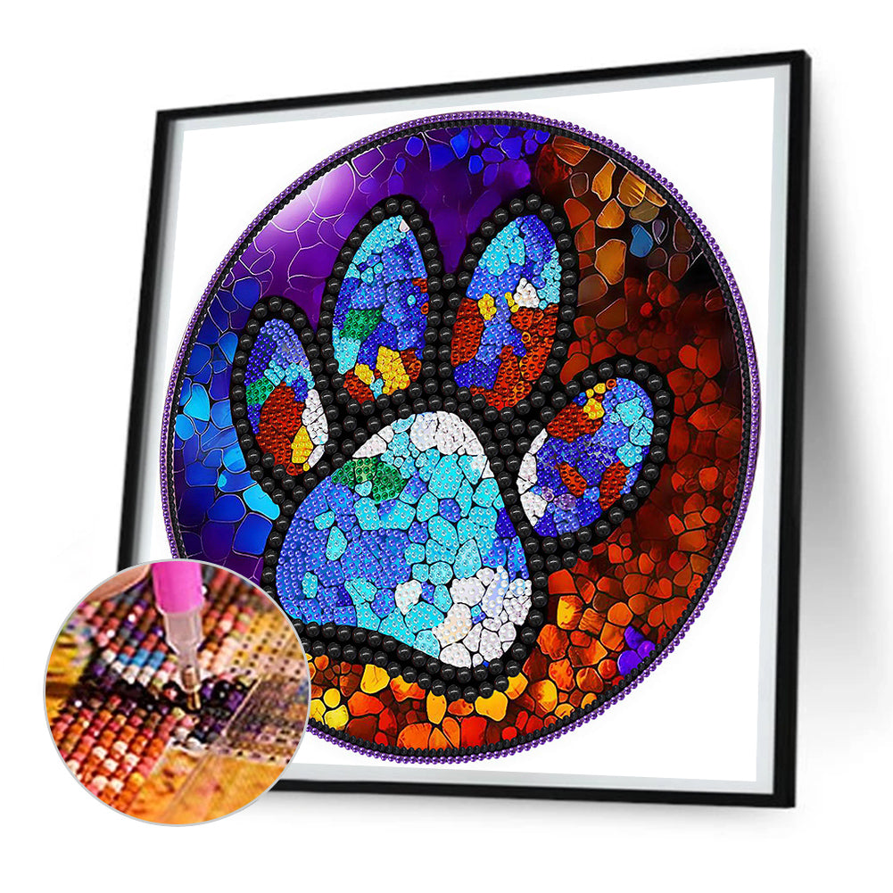 Paw Prints On Round Plate Glass - Special Shaped Drill Diamond Painting 30*30CM