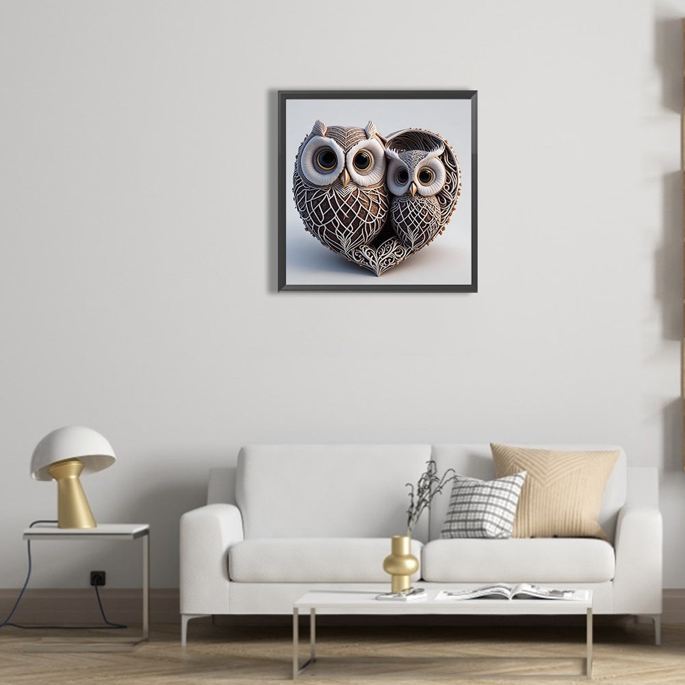 Heart Shaped Owl - Full Round Drill Diamond Painting 30*30CM