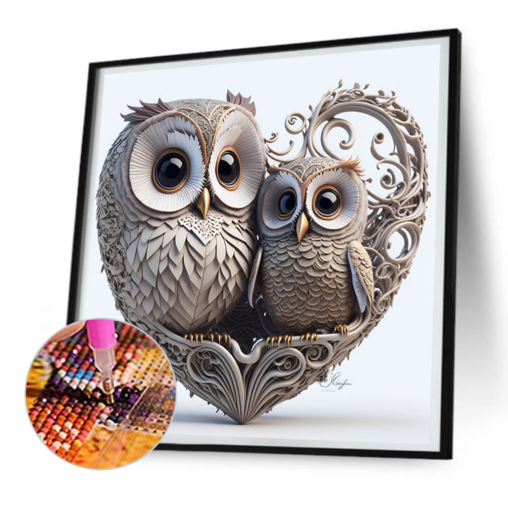 Heart Shaped Owl - Full Round Drill Diamond Painting 30*30CM