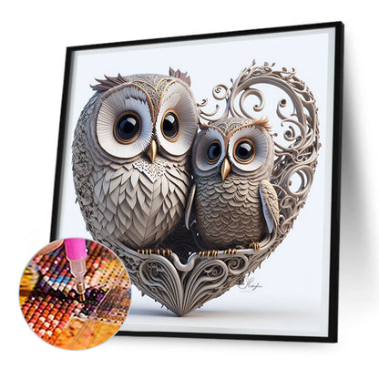 Heart Shaped Owl - Full Round Drill Diamond Painting 30*30CM