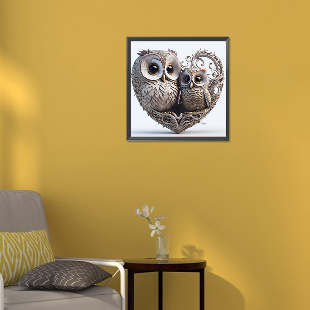 Heart Shaped Owl - Full Round Drill Diamond Painting 30*30CM