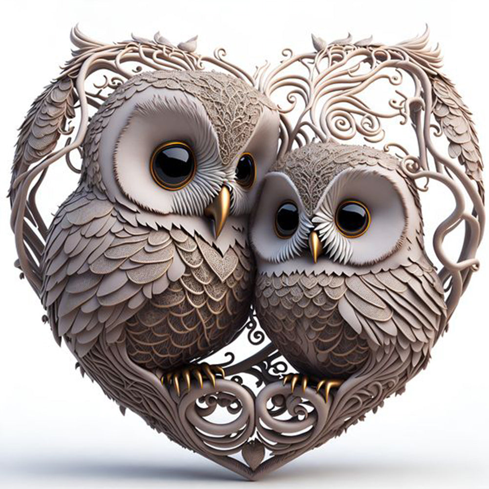 Heart Shaped Owl - Full Round Drill Diamond Painting 30*30CM