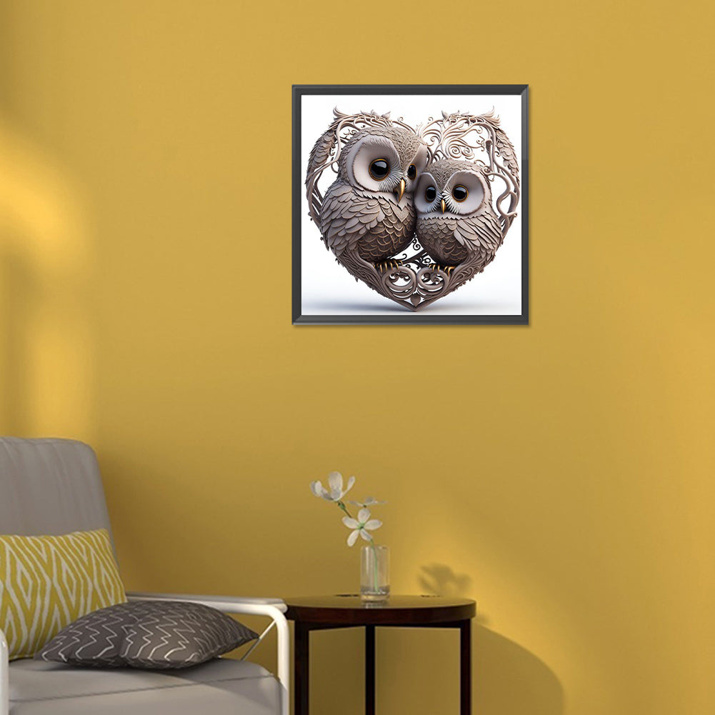 Heart Shaped Owl - Full Round Drill Diamond Painting 30*30CM