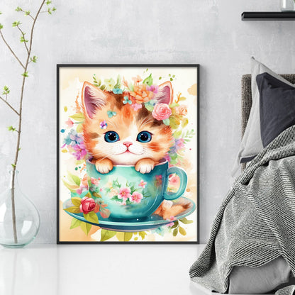 Teacup Cat - 11CT Stamped Cross Stitch 40*50CM