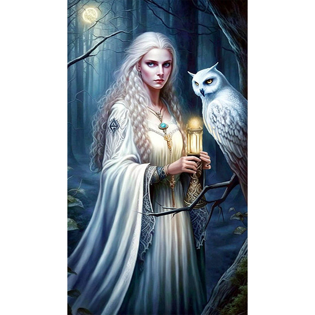 Woman With Owl - AB Round Drill Diamond Painting 40*70CM