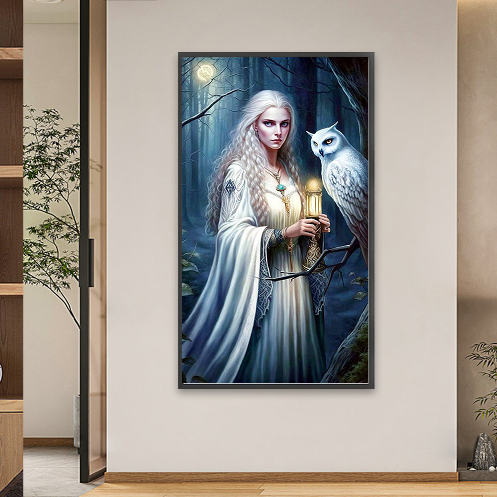 Woman With Owl - AB Round Drill Diamond Painting 40*70CM