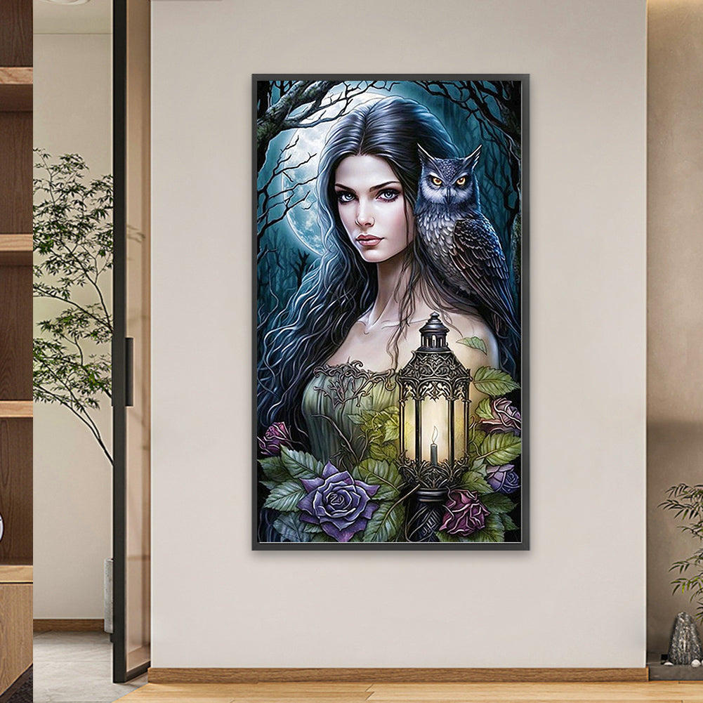 Woman With Owl - AB Round Drill Diamond Painting 40*70CM