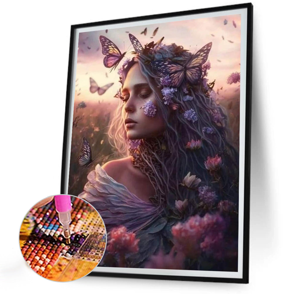 Flower Butterfly Girl - Full Round Drill Diamond Painting 30*40CM