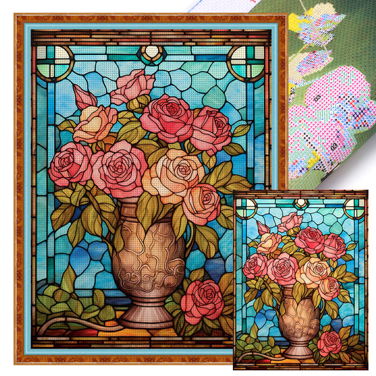 Glass Painting-Pink Rose - 11CT Stamped Cross Stitch 50*65CM