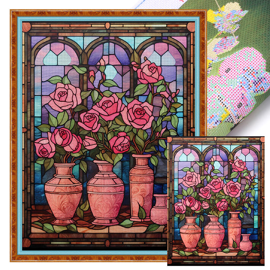 Glass Painting-Pink Rose - 11CT Stamped Cross Stitch 50*65CM