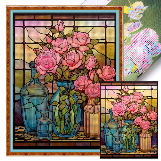 Glass Painting-Pink Rose - 11CT Stamped Cross Stitch 50*65CM