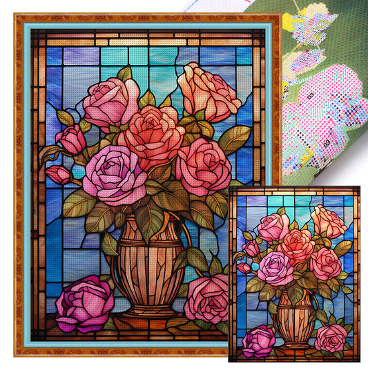 Glass Painting-Pink Rose - 11CT Stamped Cross Stitch 50*65CM