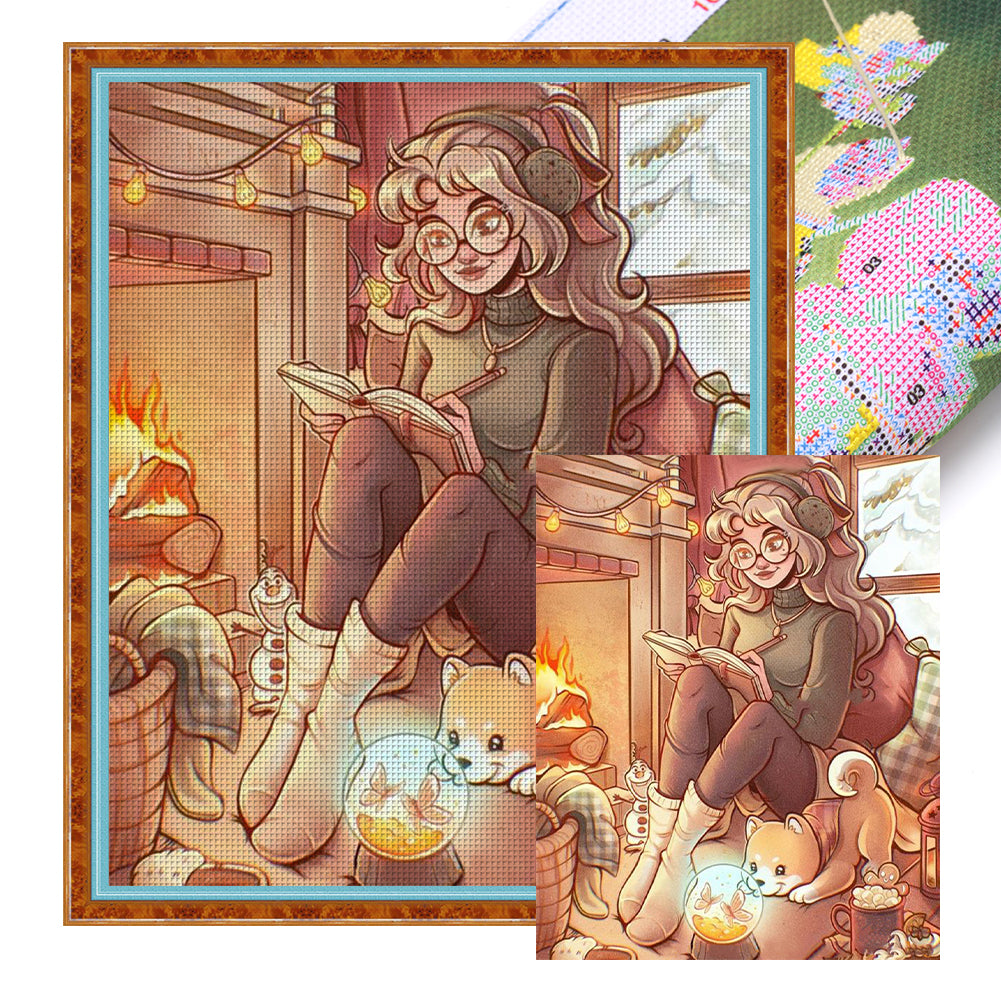 Girl Reading Book - 11CT Stamped Cross Stitch 50*60CM