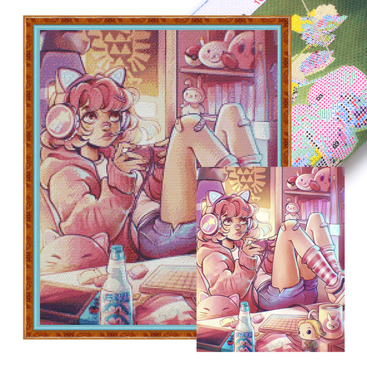 Game Girl - 11CT Stamped Cross Stitch 50*60CM