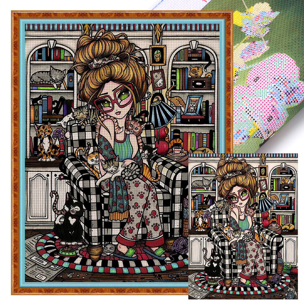 Big-Eyed Girl And Cat - 11CT Stamped Cross Stitch 45*60CM
