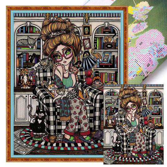 Big-Eyed Girl And Cat - 11CT Stamped Cross Stitch 45*60CM