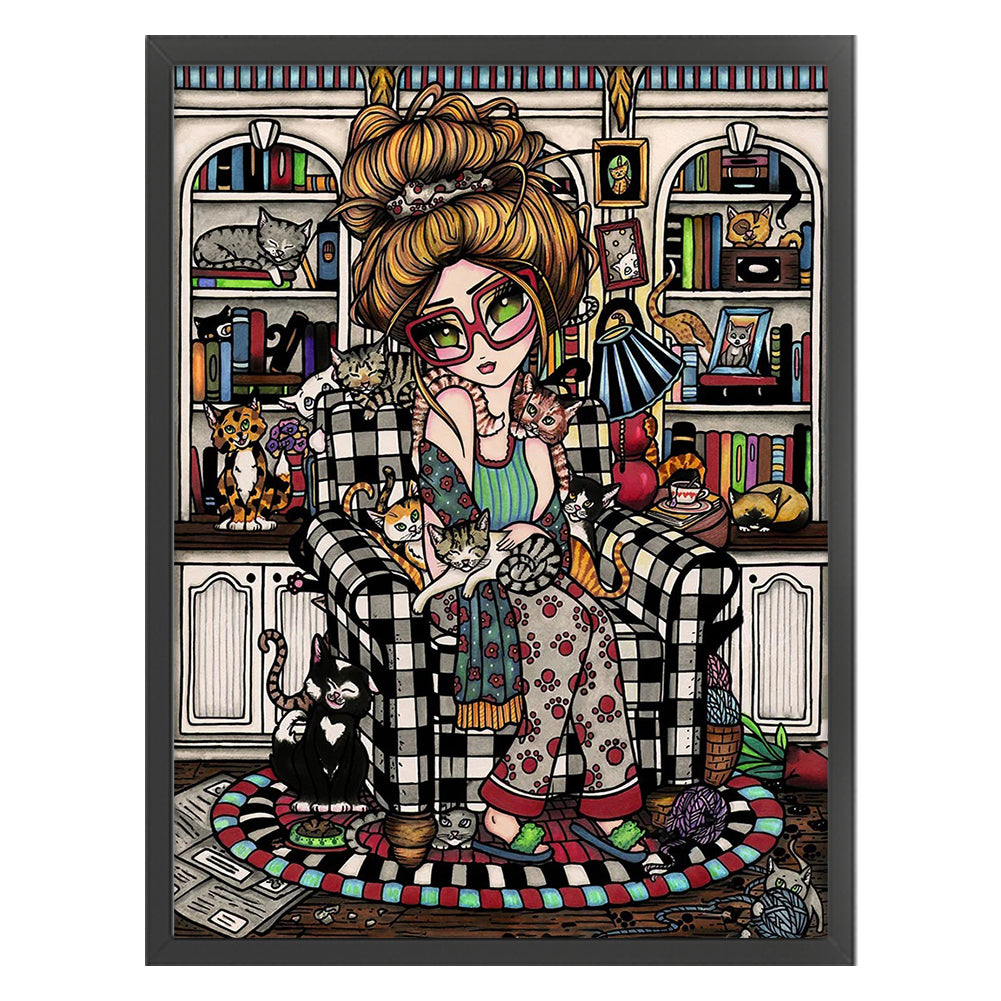 Big-Eyed Girl And Cat - 11CT Stamped Cross Stitch 45*60CM