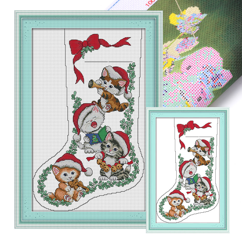 Kitten Christmas Stocking - 16CT Stamped Cross Stitch 30*43CM(Joy Sunday)