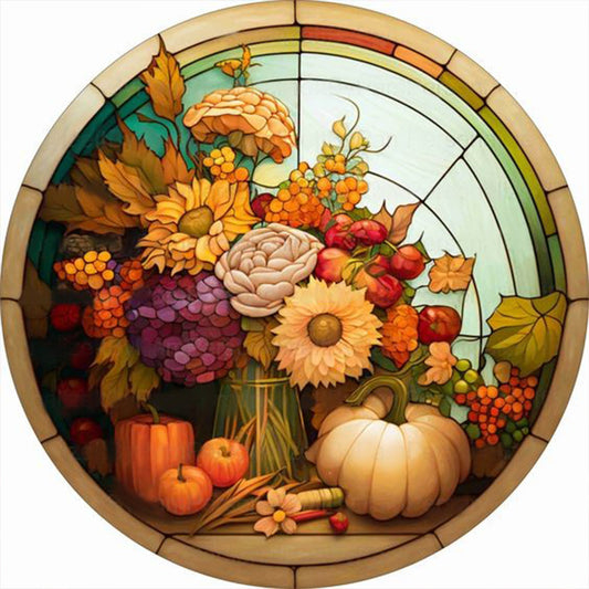 Round Plate Glass Painting Pumpkin Sunflower - Full Round Drill Diamond Painting 30*30CM