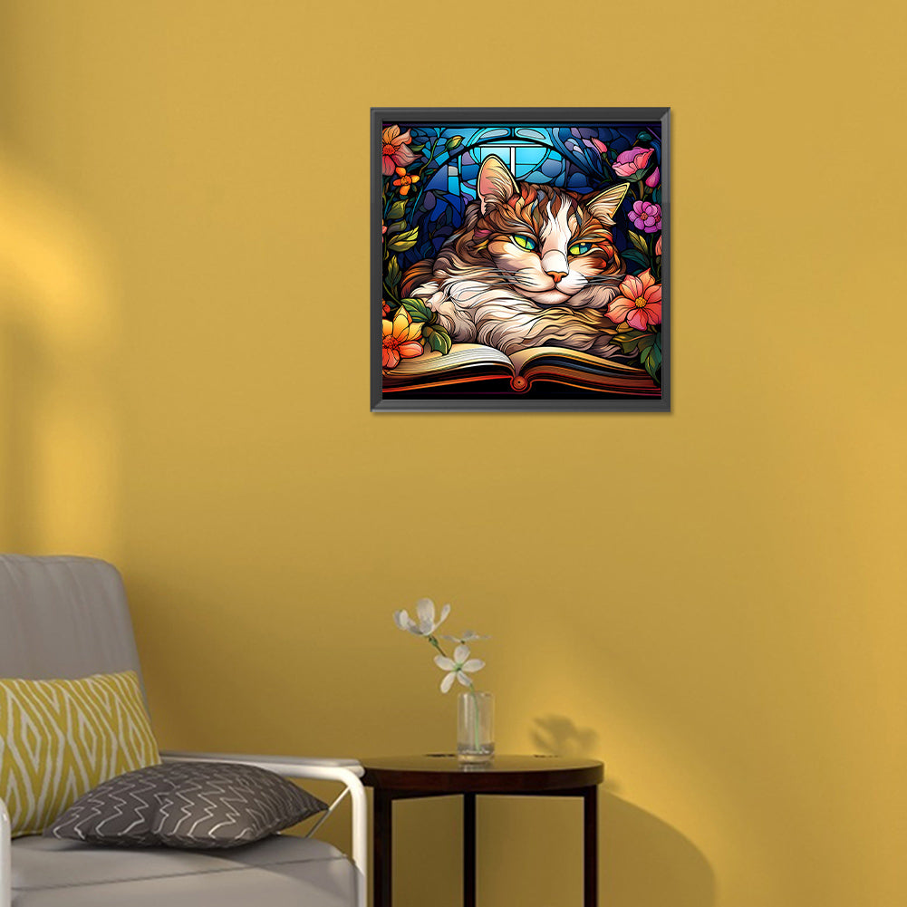 Glass Painting Of A Cat Reading A Book - Full Round Drill Diamond Painting 30*30CM