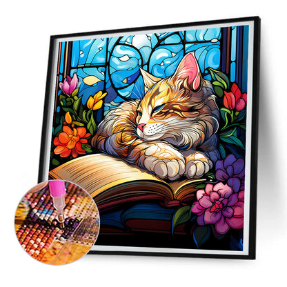 Glass Painting Of A Cat Reading A Book - Full Round Drill Diamond Painting 30*30CM