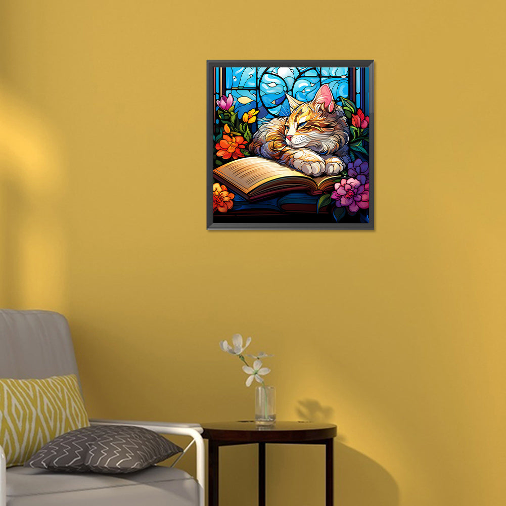 Glass Painting Of A Cat Reading A Book - Full Round Drill Diamond Painting 30*30CM