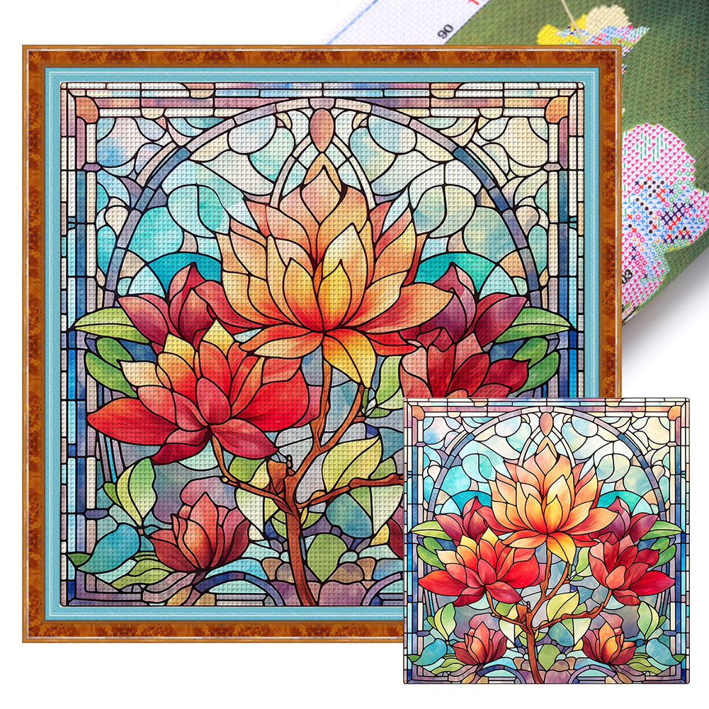 Glass Painting-Flowers - 11CT Stamped Cross Stitch 40*40CM