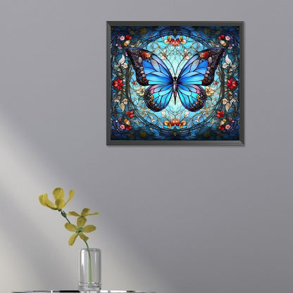 Blue Butterfly Glass Painting - AB Round Drill Diamond Painting 45*40CM