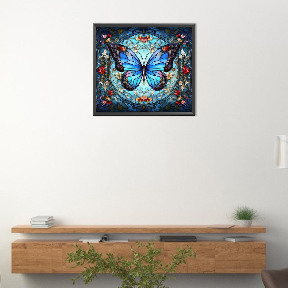 Blue Butterfly Glass Painting - AB Round Drill Diamond Painting 45*40CM