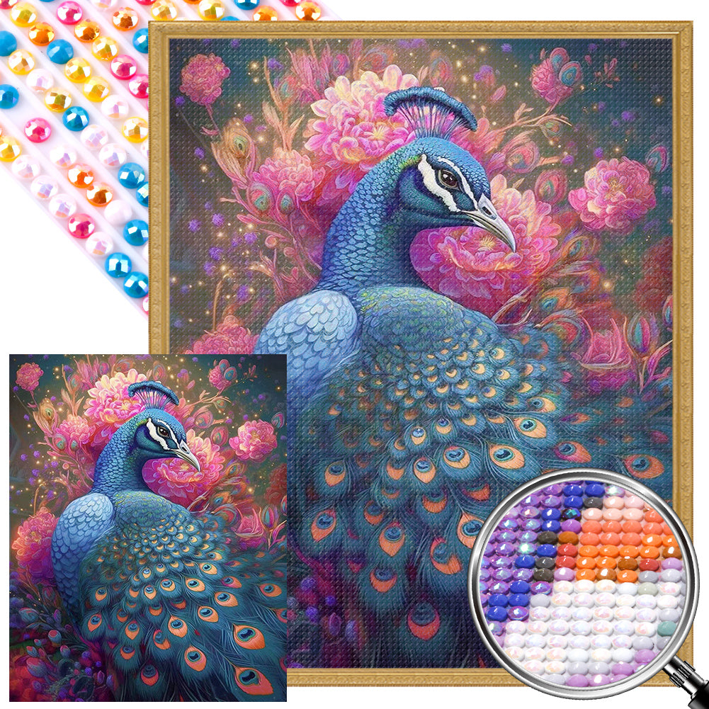 Blue Peacock - AB Round Drill Diamond Painting 40*50CM