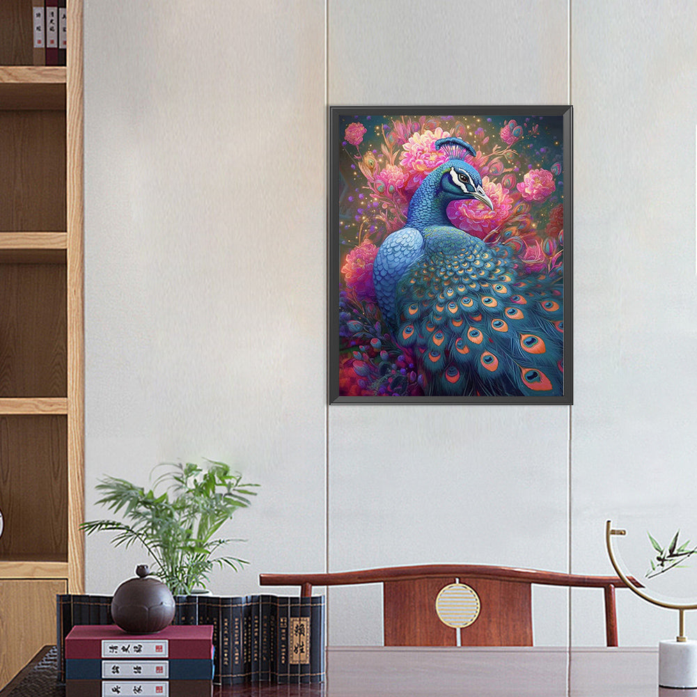 Blue Peacock - AB Round Drill Diamond Painting 40*50CM