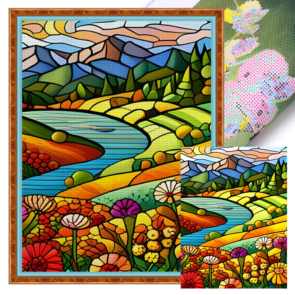 Glass Painting-Pastoral Flowers - 11CT Stamped Cross Stitch 40*55CM