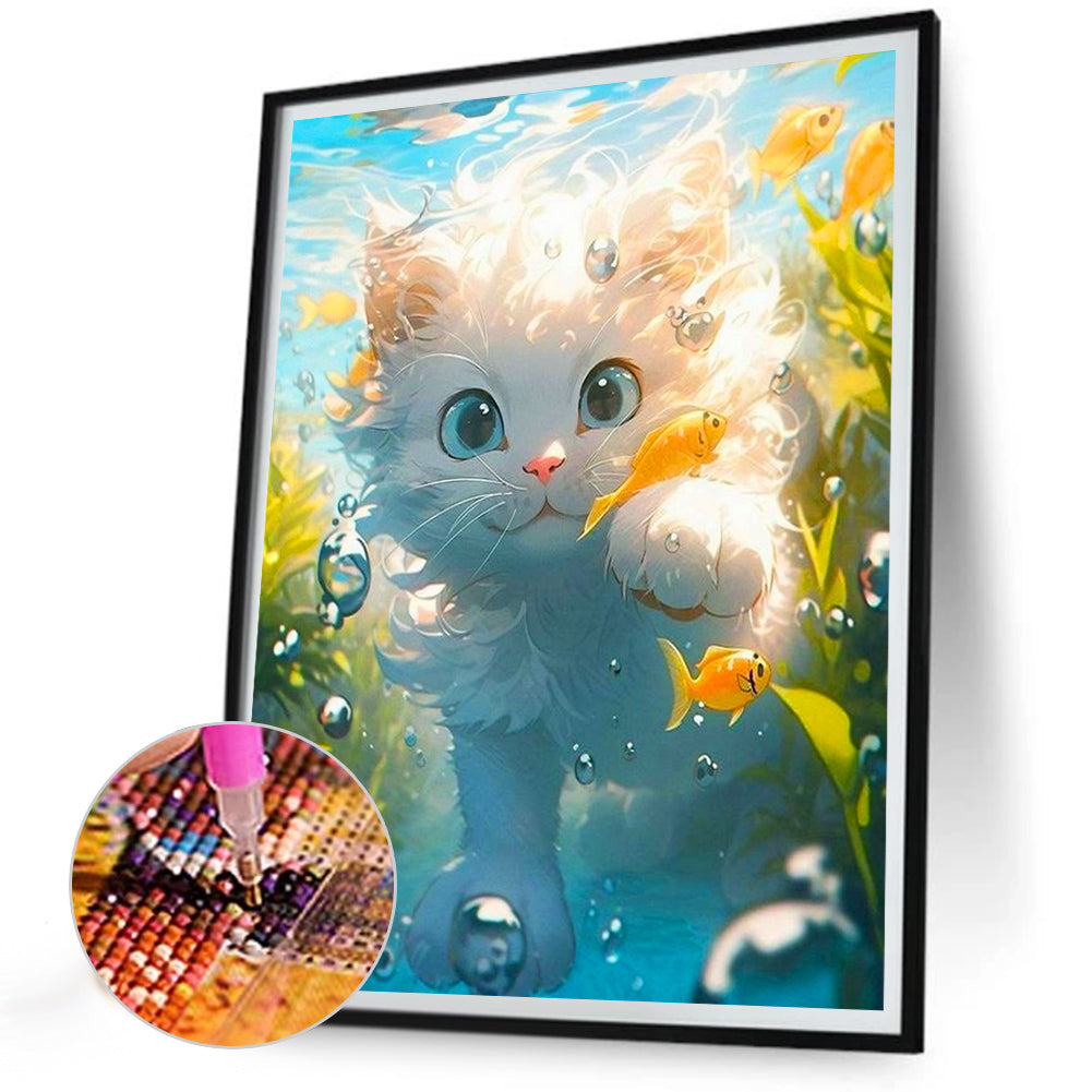 Cat Catching Fish - Full Round Drill Diamond Painting 30*40CM