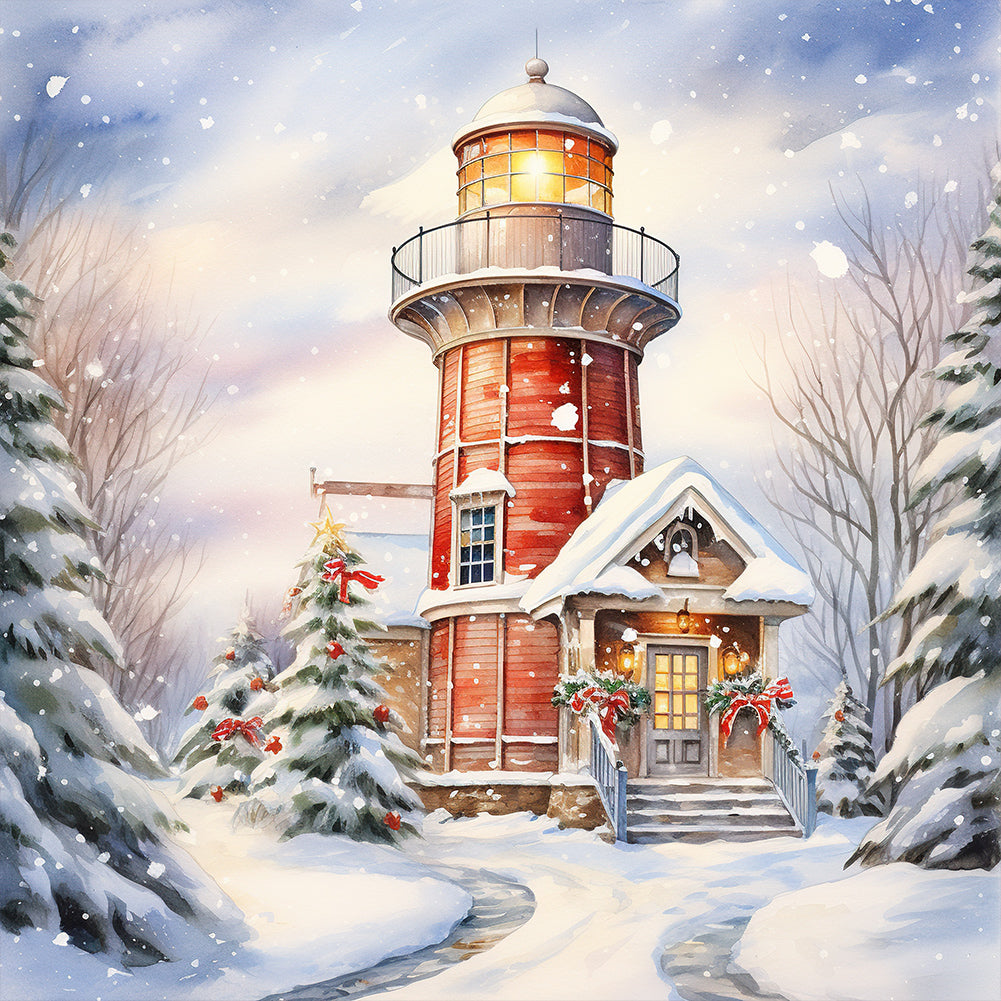 Christmas Winter Snowflake Lighthouse - Full Round Drill Diamond Painting 30*30CM