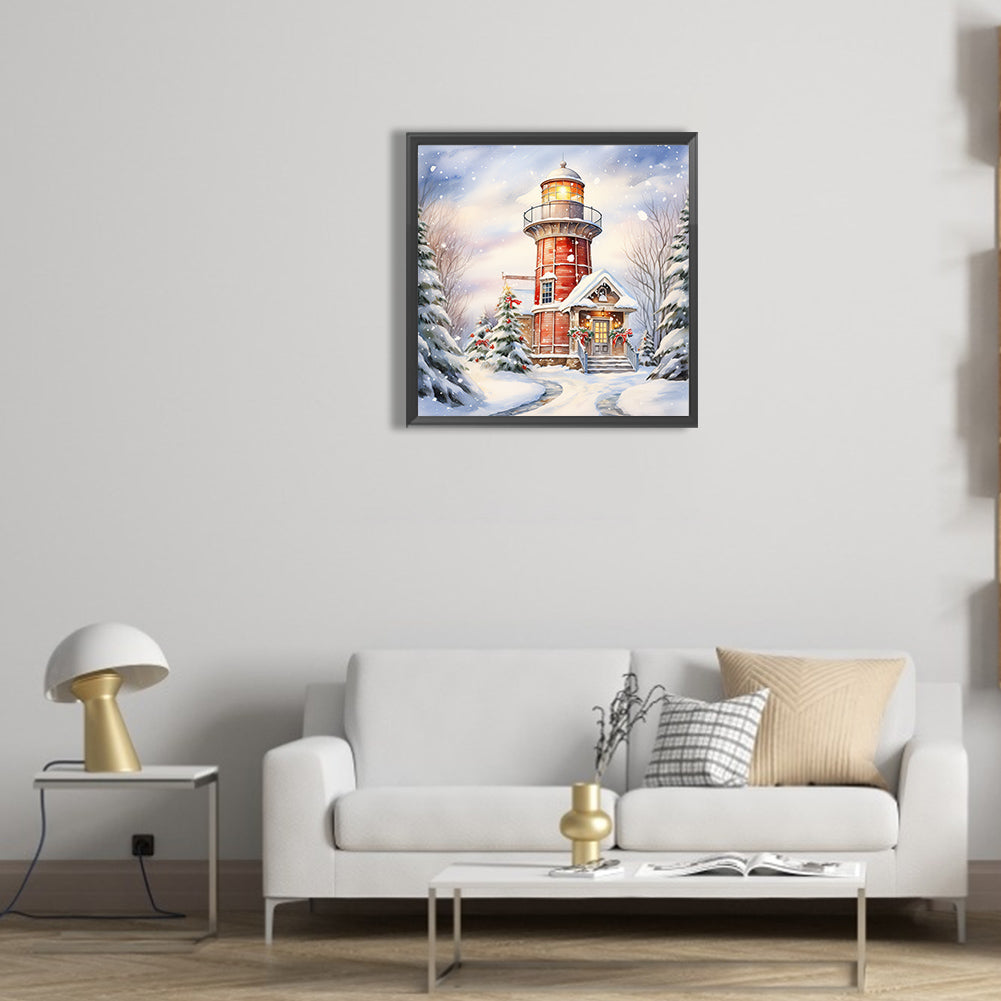 Christmas Winter Snowflake Lighthouse - Full Round Drill Diamond Painting 30*30CM