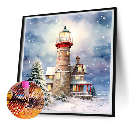 Christmas Winter Snowflake Lighthouse - Full Round Drill Diamond Painting 30*30CM