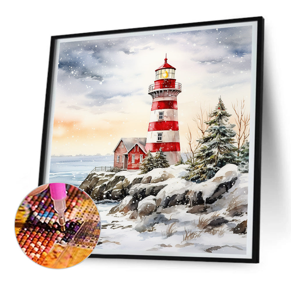 Christmas Winter Snowflake Lighthouse - Full Round Drill Diamond Painting 30*30CM