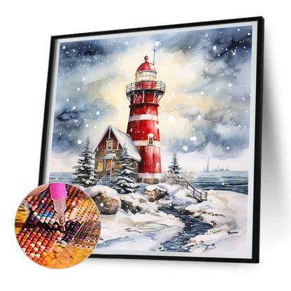 Christmas Winter Snowflake Lighthouse - Full Round Drill Diamond Painting 30*30CM