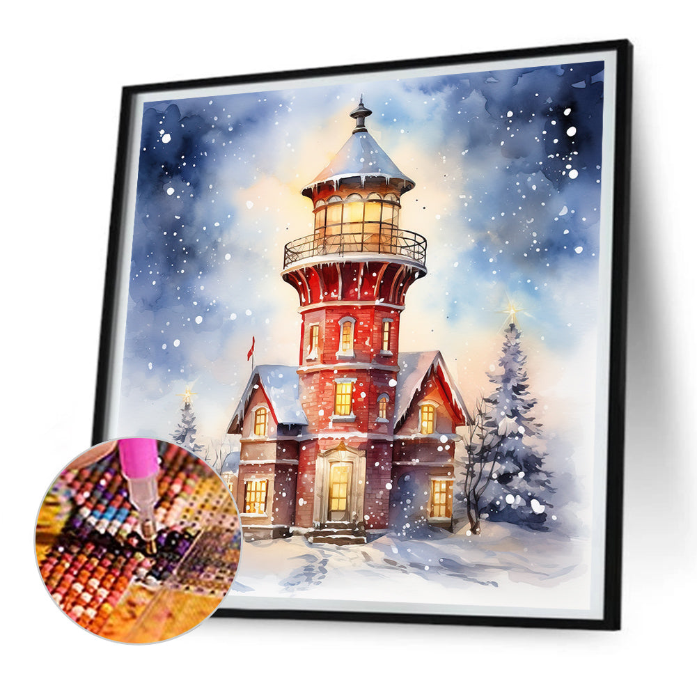 Christmas Winter Snowflake Lighthouse - Full Round Drill Diamond Painting 30*30CM