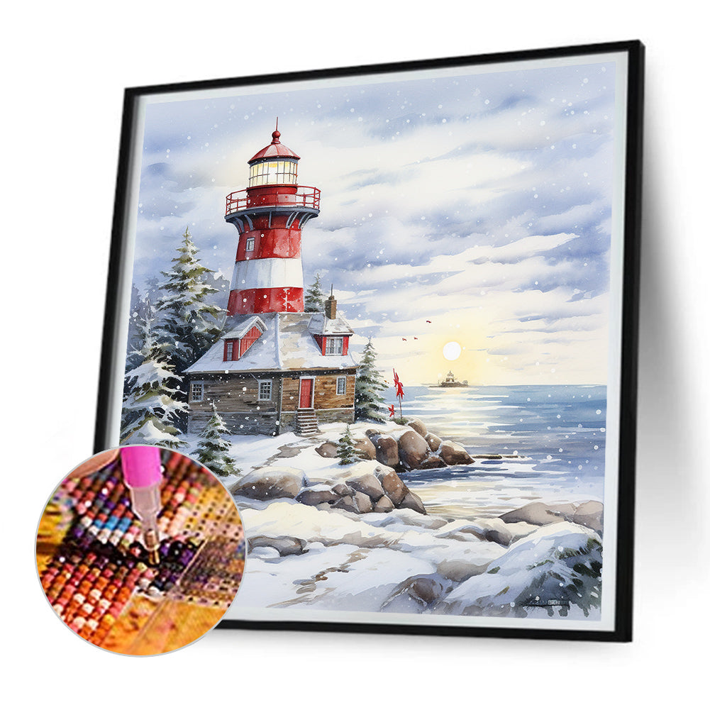 Christmas Winter Snowflake Lighthouse - Full Round Drill Diamond Painting 30*30CM