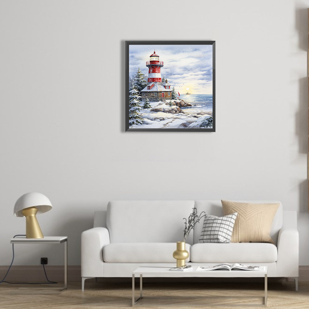 Christmas Winter Snowflake Lighthouse - Full Round Drill Diamond Painting 30*30CM