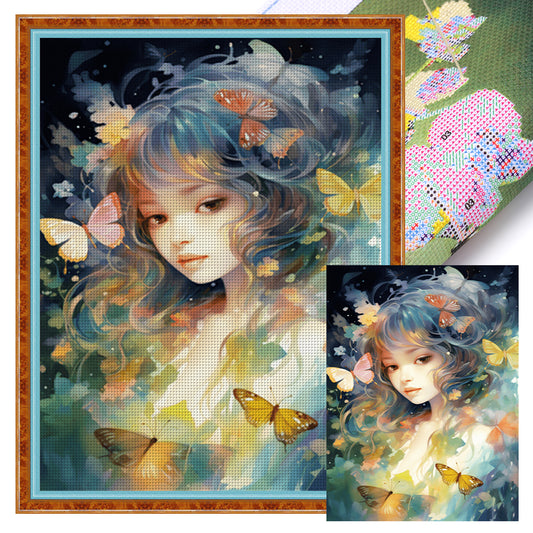 Flowers Butterfly Girl - 14CT Stamped Cross Stitch 45*55CM