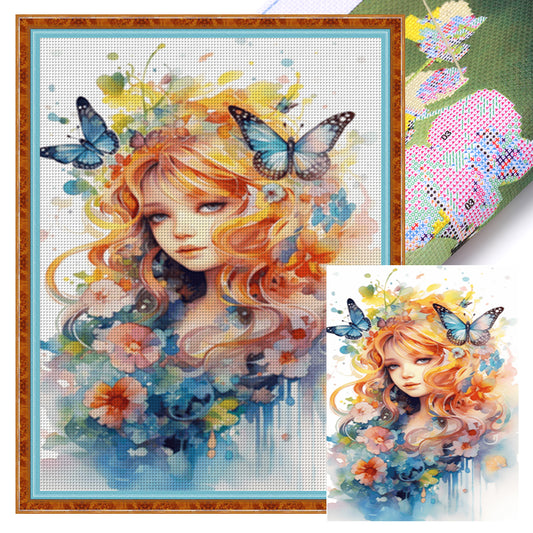 Flowers Butterfly Girl - 14CT Stamped Cross Stitch 45*55CM