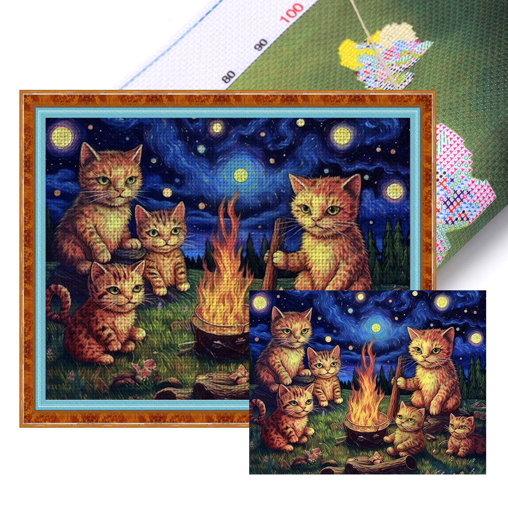 Van Gogh'S Kitten Under The Starry Sky - 11CT Stamped Cross Stitch 60*50CM