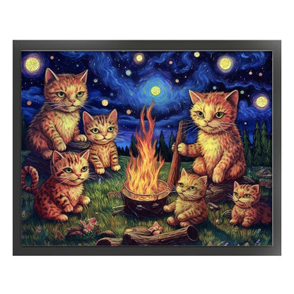 Van Gogh'S Kitten Under The Starry Sky - 11CT Stamped Cross Stitch 60*50CM