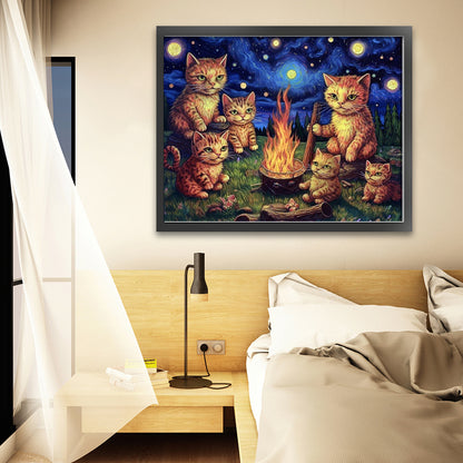 Van Gogh'S Kitten Under The Starry Sky - 11CT Stamped Cross Stitch 60*50CM