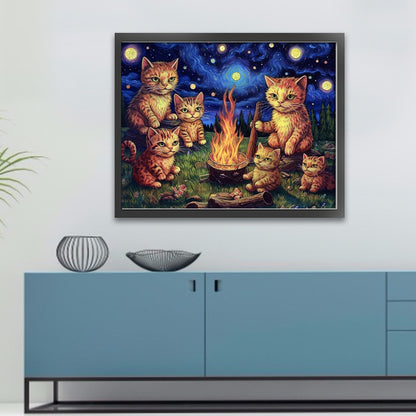 Van Gogh'S Kitten Under The Starry Sky - 11CT Stamped Cross Stitch 60*50CM